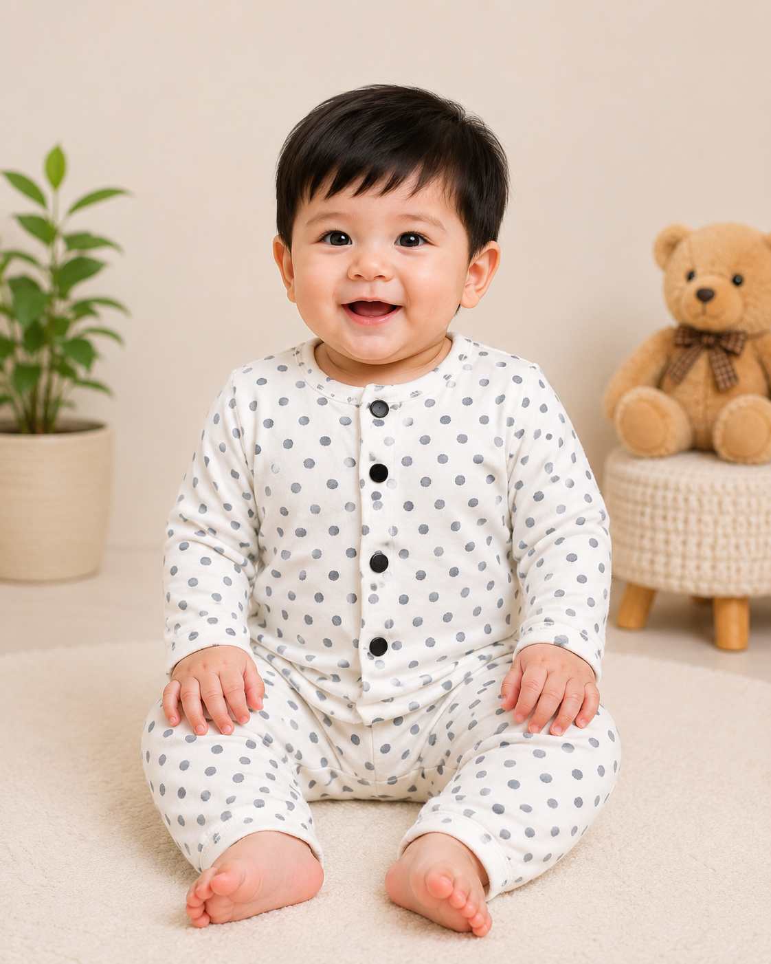 Front Open Full sleeves Ribbed Tshirt with Pant (White Grey Dots)