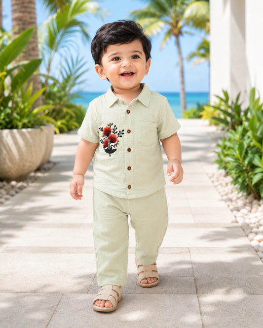 Airport - Kids Muslin Print Collar Shirt & Pant (Lime)