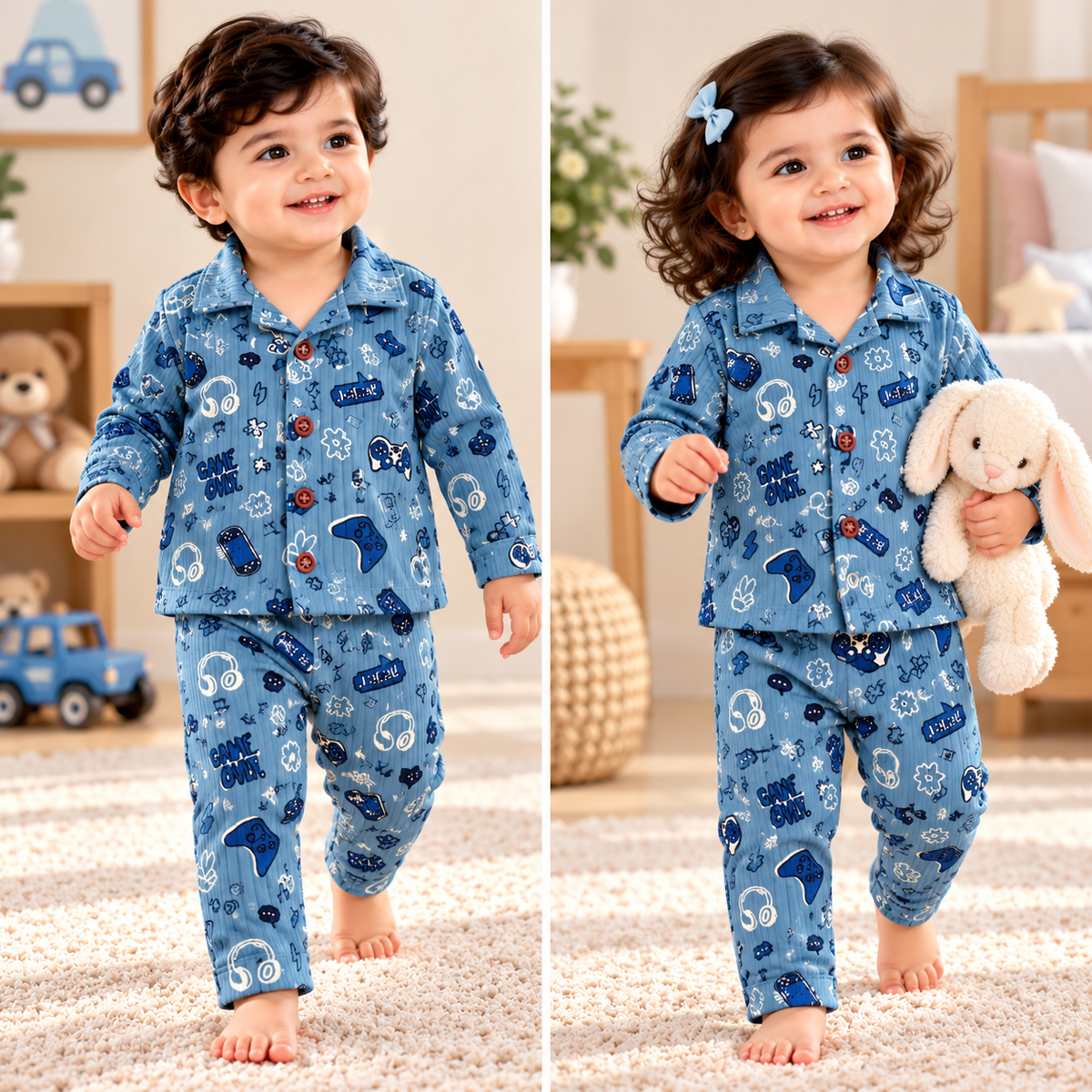 Kids’ Ribbed Collar Full-Sleeve Night Suit – Blue Games (NS003)