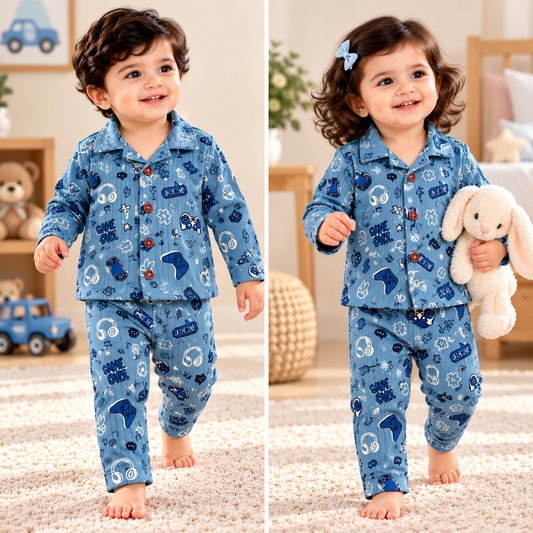 Kids’ Ribbed Collar Full-Sleeve Night Suit – Blue Games (NS003)