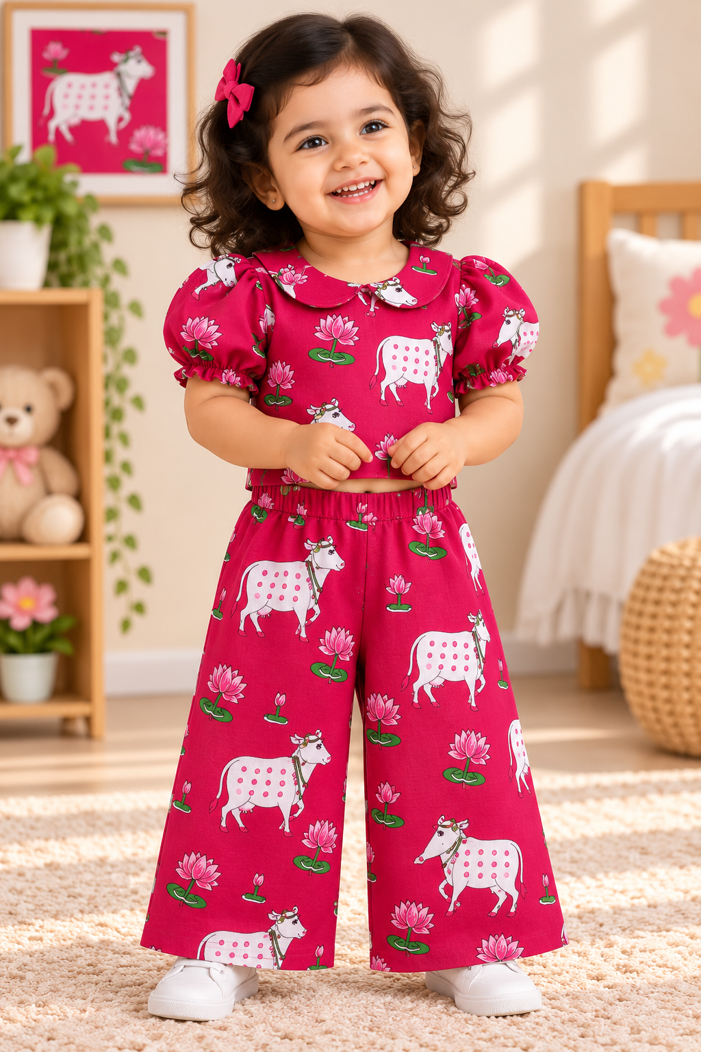 Girls Casual Cotton Printed Peter Pan Collar Co-ord Set (C053P)(Pink Pichawai) (PRE- Booking)