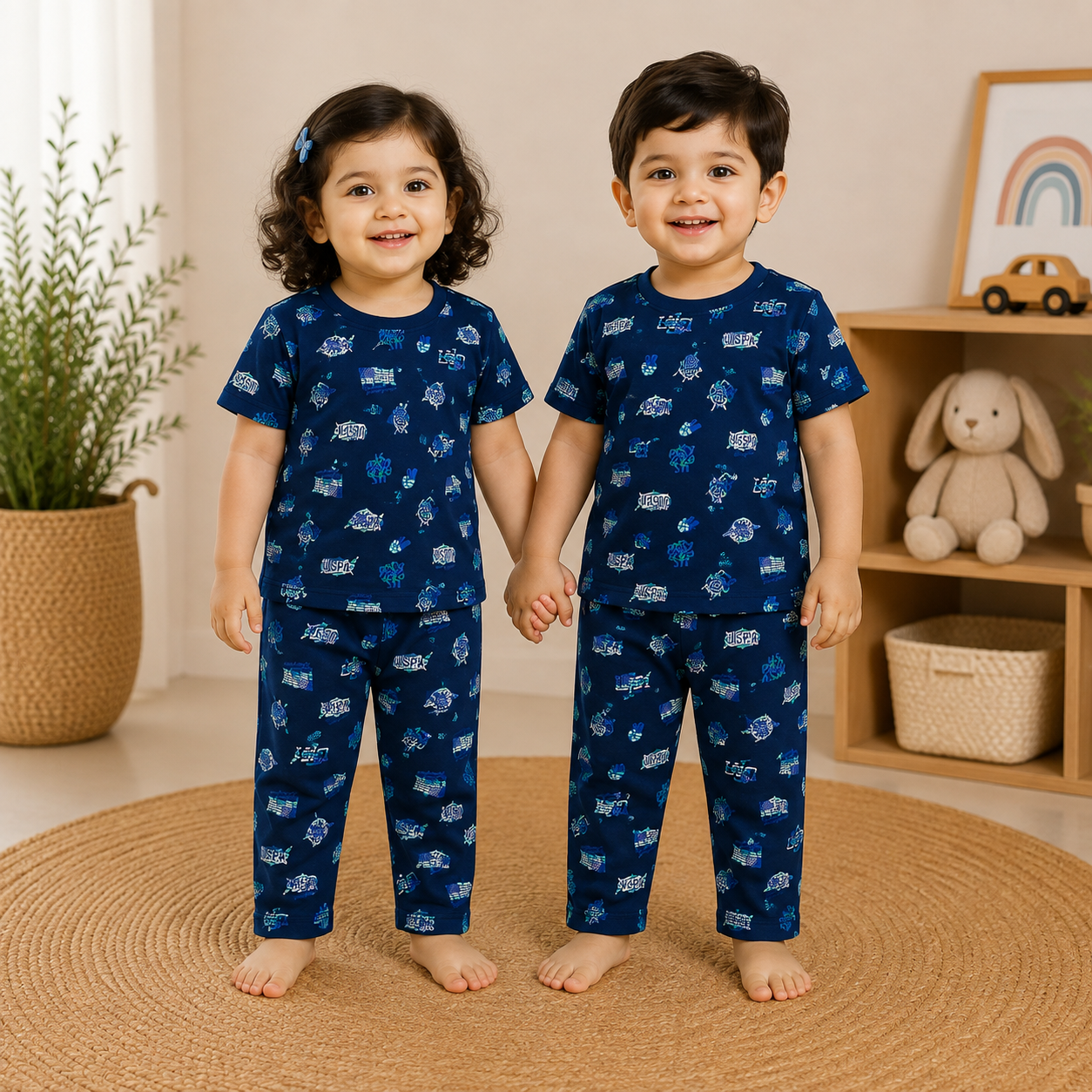 Premium Cotton Half sleeves Tshirt with Pant (Navy Blue & White )