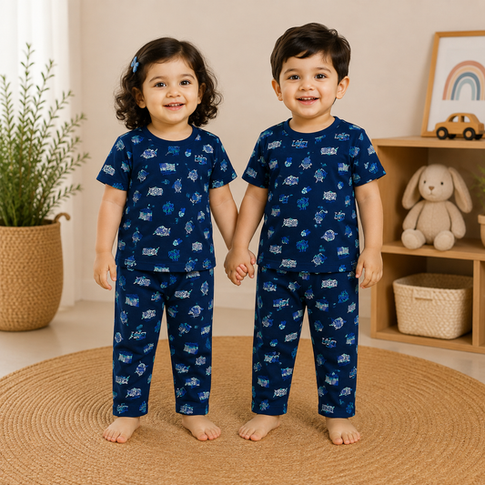 Premium Cotton Half sleeves Tshirt with Pant (Navy Blue & White )