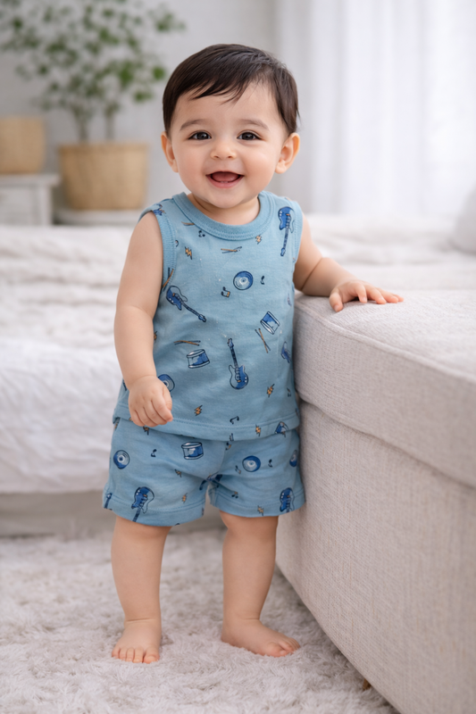 Infant Cotton Sleeveless Co-ord Set | Baby T-shirt & Shorts Set (Light blue  Music)
