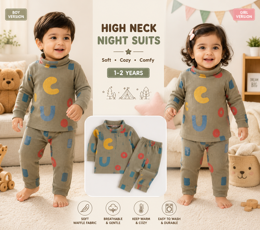 High Neck Ribbed  Full sleeves Tshirt with Pant (Olive Shapes)