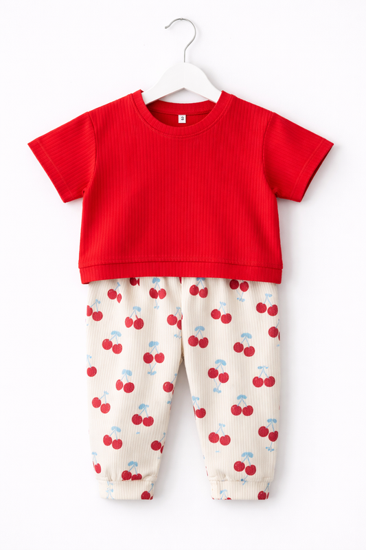 Premium Ribbed Half sleeves Tshirt with Contrast Pant( Red Apples)