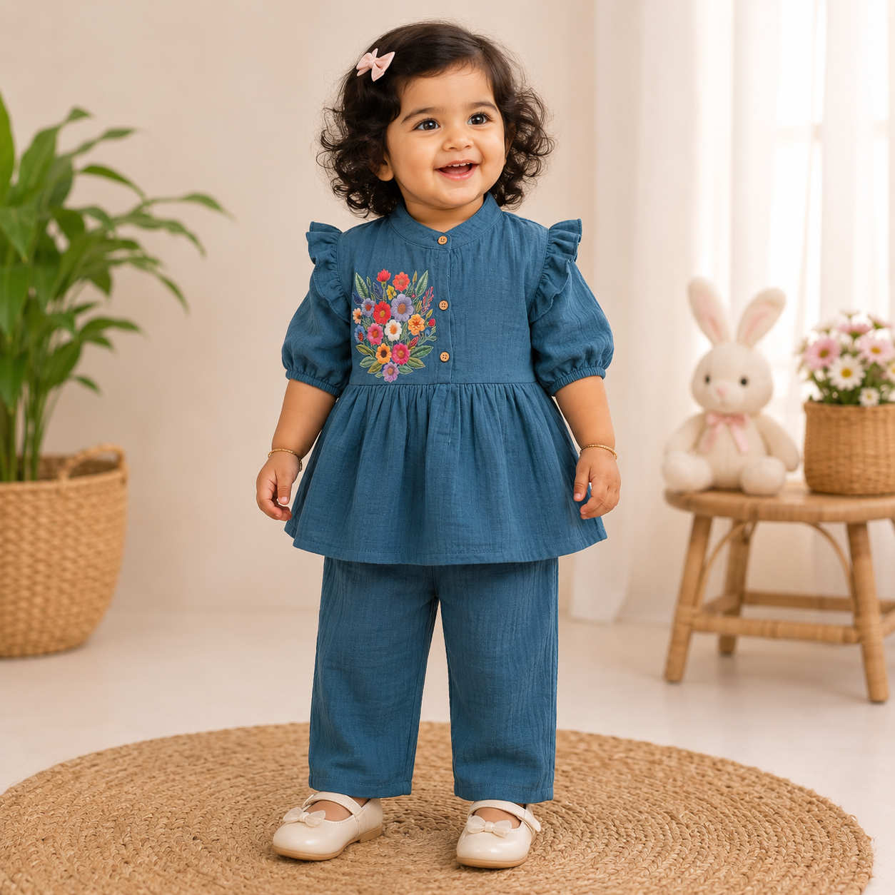 Airport - Kids Muslin Print  Balloon Sleeves Frock With Pant ( Turquoise  Flower 4 )