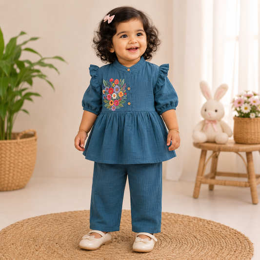 Airport - Kids Muslin Print  Balloon Sleeves Frock With Pant ( Turquoise  Flower 4 )