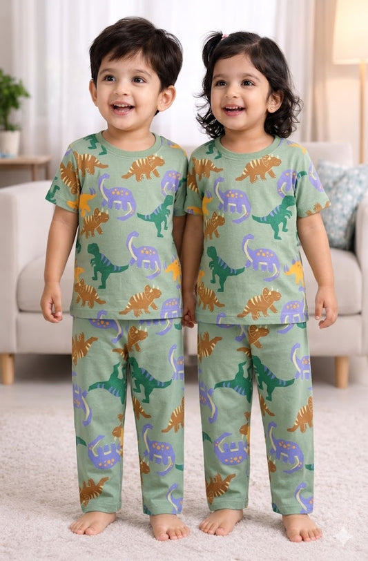 Premium Cotton Half sleeves Tshirt with Pant ( Green Dino)