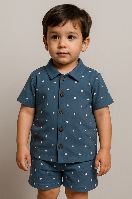 Shorts Sleeves Collared Tshirt with Shorts Sets (Blue Dotted)