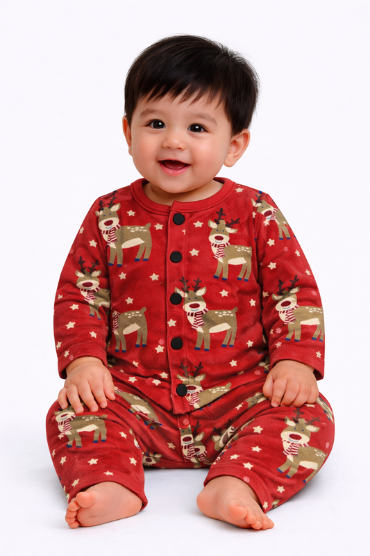 Front Open Full sleeves Cotton Tshirt with Pant (Red Reindeer)