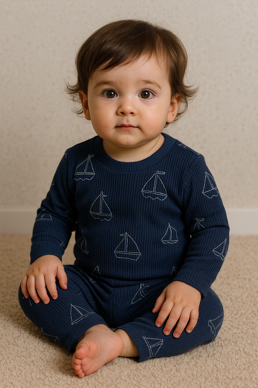 Premium Full sleeves Ribbed Tshirt with Pant (New Navy Ship)