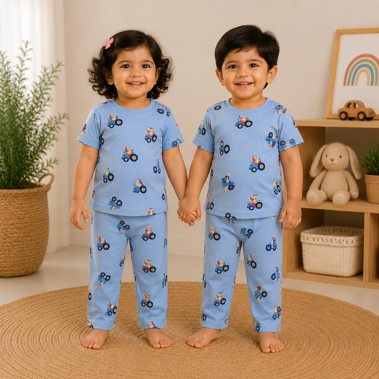 Premium Cotton Half sleeves Tshirt with Pant (Blue Truck )