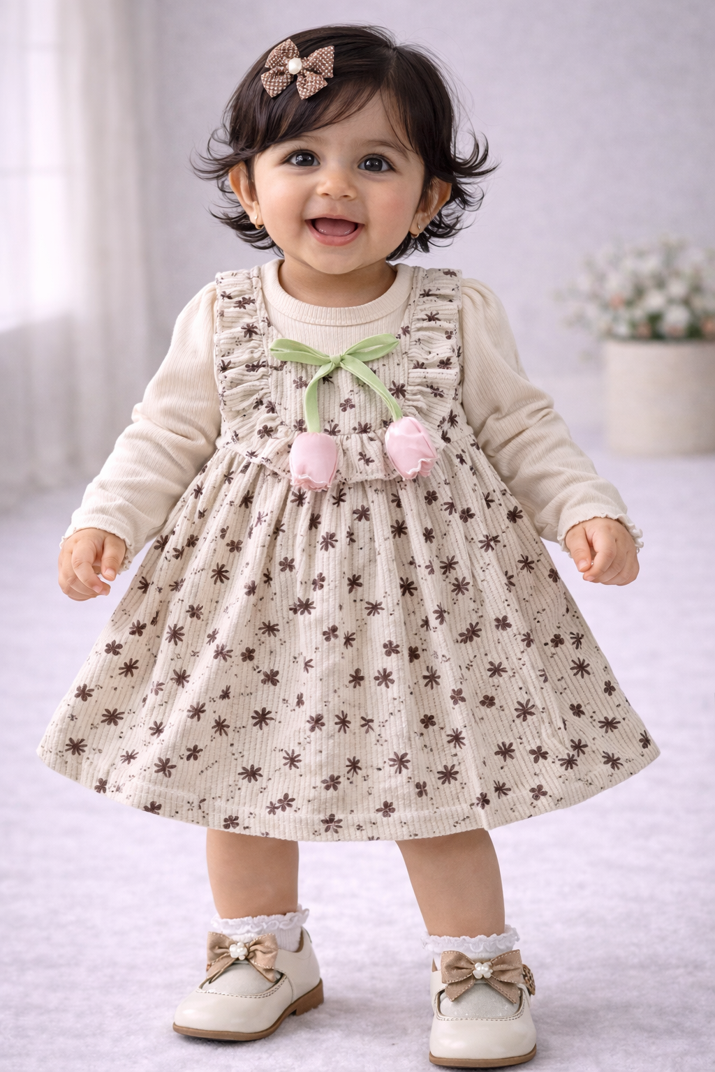 (KF019) - Premium Korean Style Baby Frock (Sand Flower)