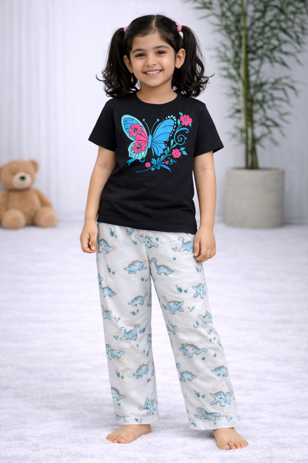 Premium Cotton Contrast Half Sleeves Pajama Set (Black Butterfly -Ice Blue Dino)