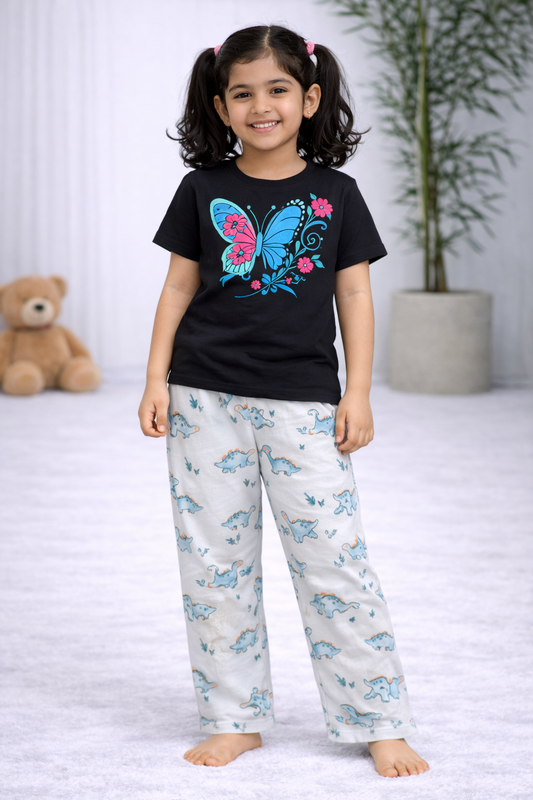 Premium Cotton Contrast Half Sleeves Pajama Set (Black Butterfly -Ice Blue Dino)