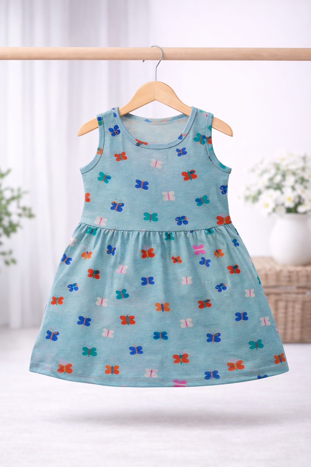 Sleeveless Cotton Frocks (Ice Blue Butterfly)