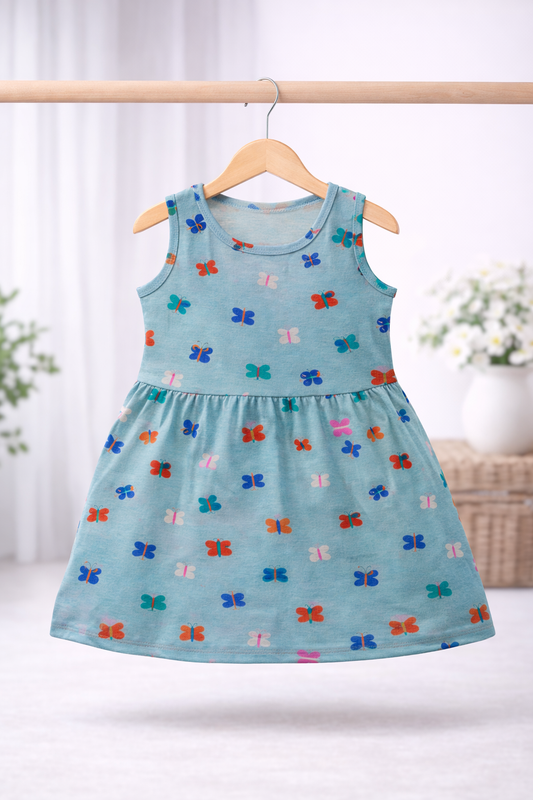 Sleeveless Cotton Frocks (Ice Blue Butterfly)