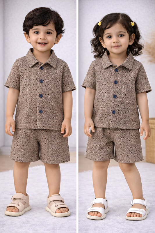 POLO Front open Tshirt with Shorts Sets (Burlap Hexagon)