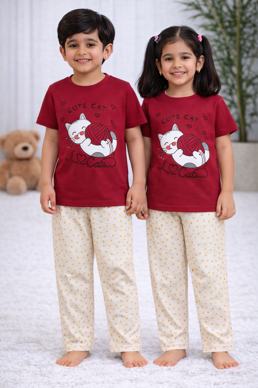 Premium Cotton Contrast Half Sleeves Pajama Set (Red KITTY)
