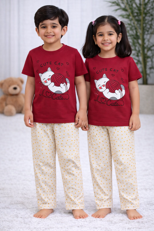 Premium Cotton Contrast Half Sleeves Pajama Set (Red KITTY)