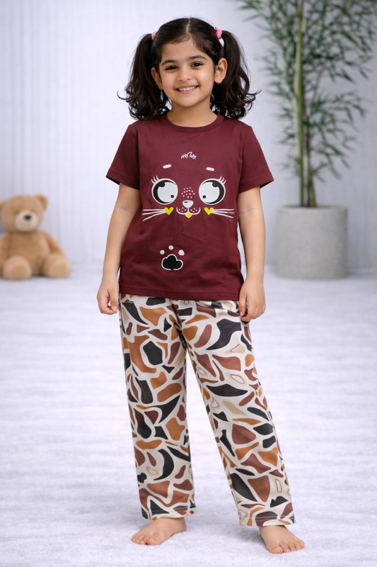 Premium Cotton Contrast Half Sleeves Pajama Set (Brown -  Rust -Bronze)