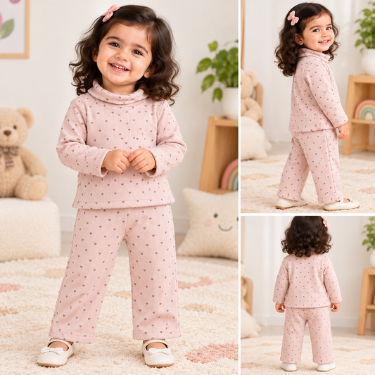 High Neck Ribbed  Full sleeves Tshirt with Pant (Brown Little Hearts)