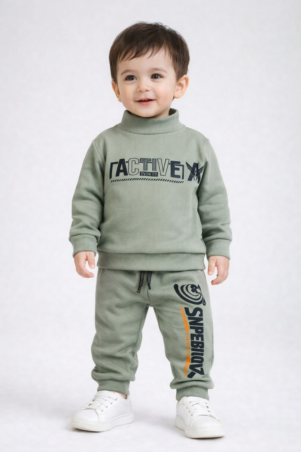 Premium Winter High Neck Pant Set For Kids(Olive- Active)