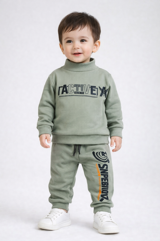 Premium Winter High Neck Pant Set For Kids(Olive- Active)