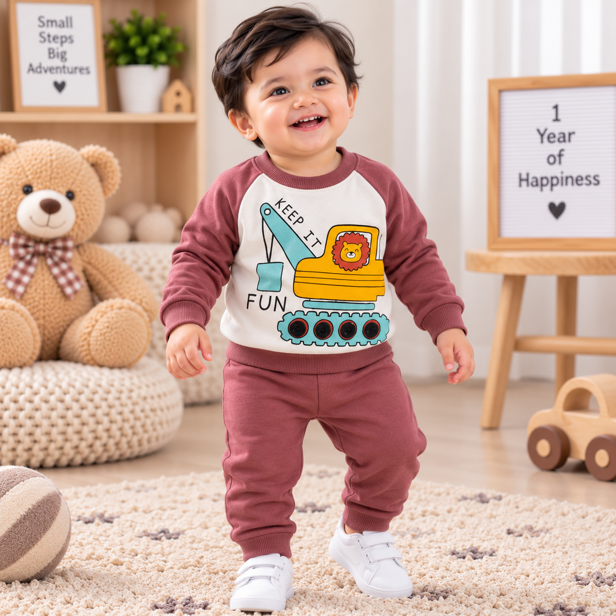 Premium Fleece Winter T-Shirt With Cuffed Pant (Keep It Fun Brown)