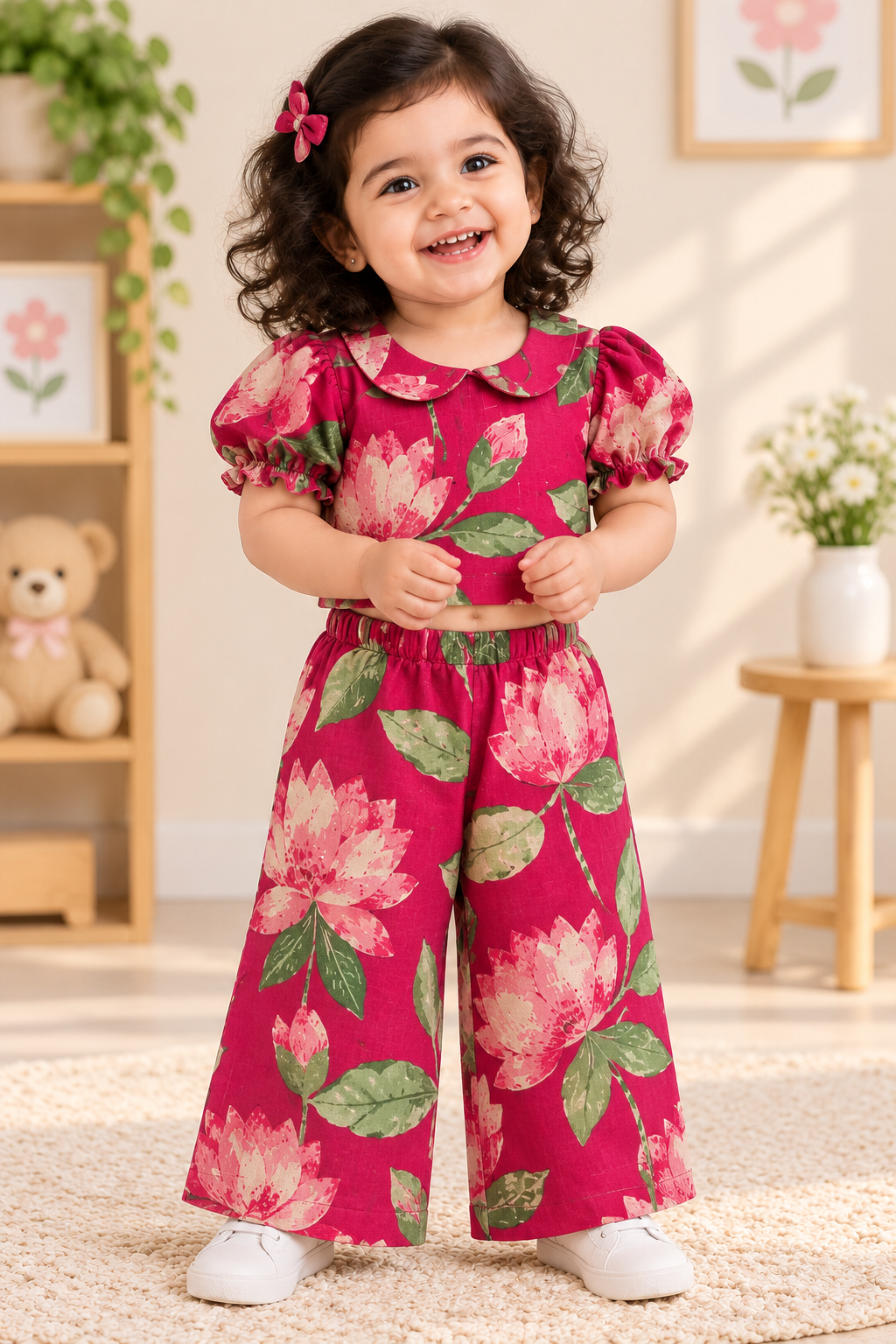 Girls Casual Cotton Printed Peter Pan Collar Top & Pant Co-ord Set (C053P)(Pink) (PRE- Booking)