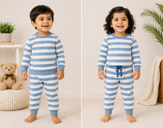 Premium Winter Full Sleeves T-Shirt with Pant (Light Blue Stripes)