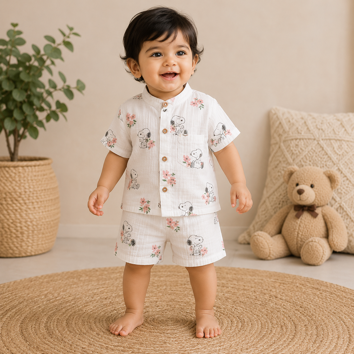 Airport - Kids Muslin Co-ord Set – Front Open Collar Shirt & Shorts (White Puppy & Flower)