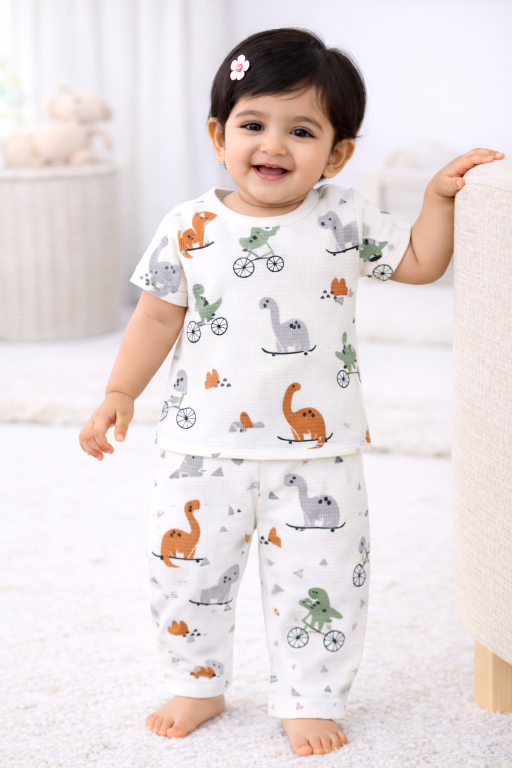 Half sleeves Ribbed Tshirt with Pant (White Animal & Circle)