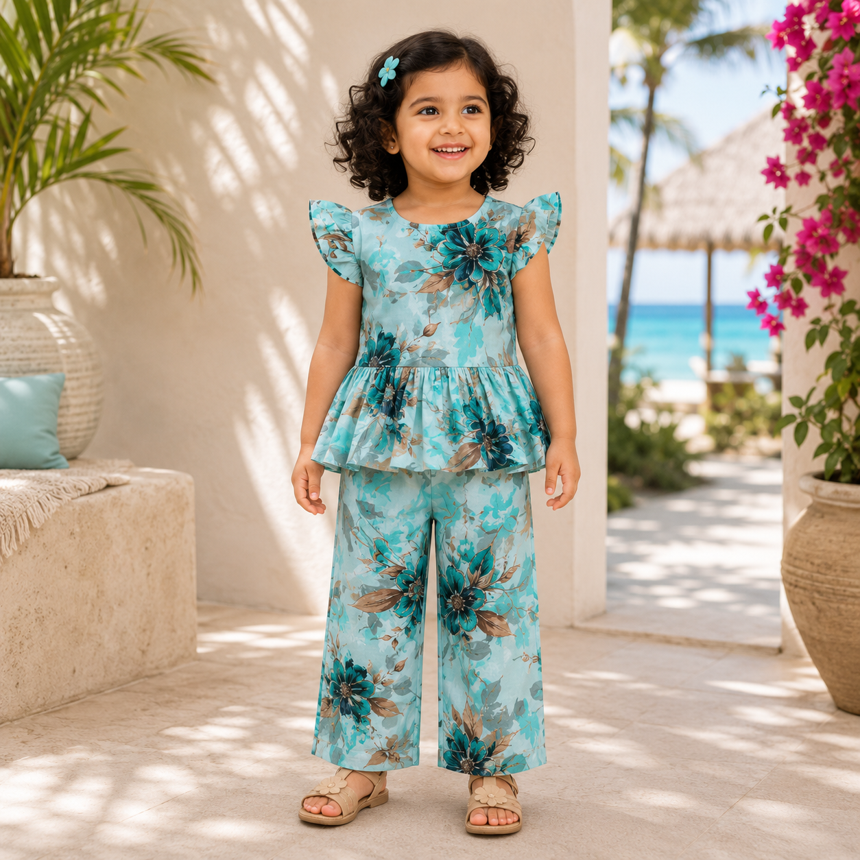 Girls Casual Cotton Printed Semi- Peplum Top & Pant Co-ord Set (0-11 Yrs) (C042)
