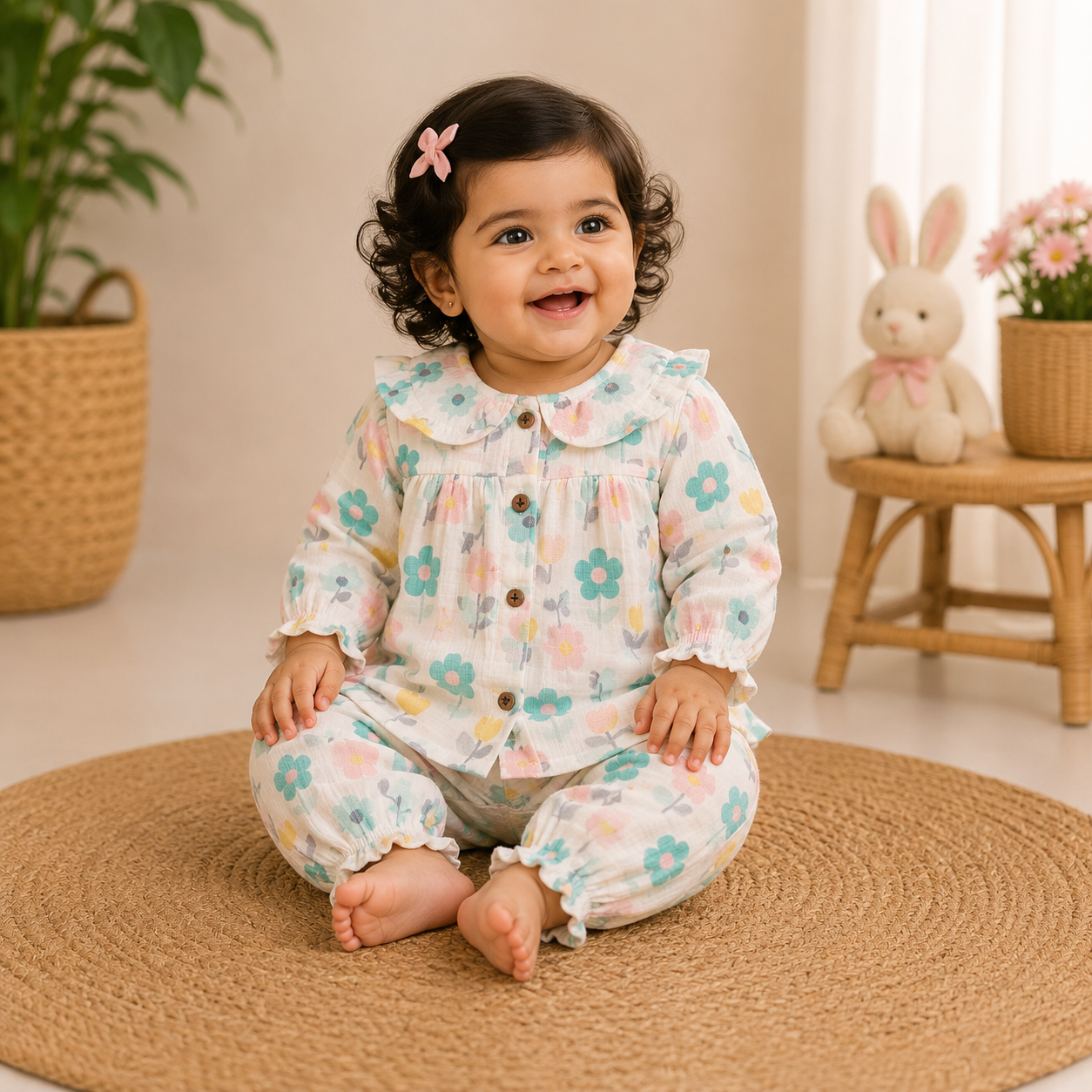 Airport - Kids Muslin  Peter Pan Collar  Balloon Sleeves Frock With Pant (Cream Colorful Flower)