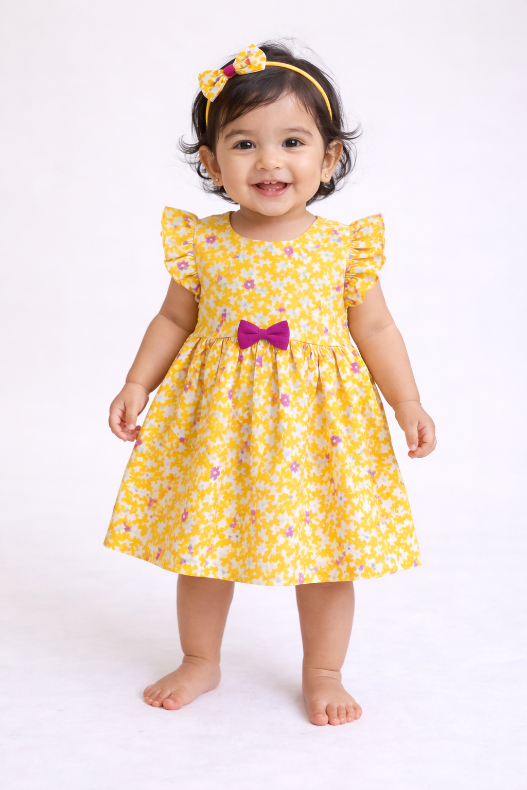 Half Sleeves Frill Frocks with BOW (Yellow Little Flowers)