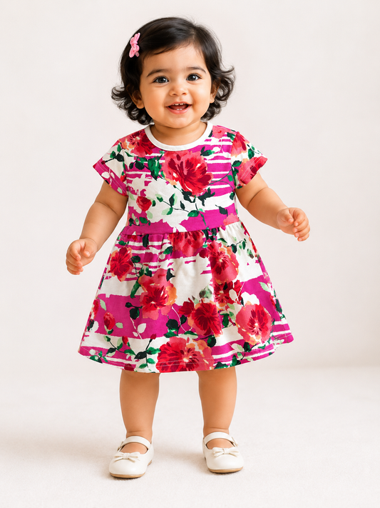 Half Sleeves  Frocks (Dark Pink & Red Flower)