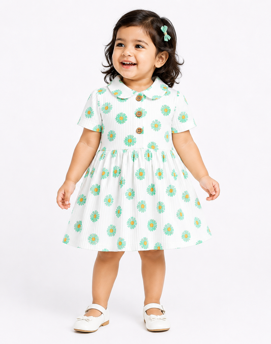 Peter Pan Collar Frocks (Cream Green Flower)