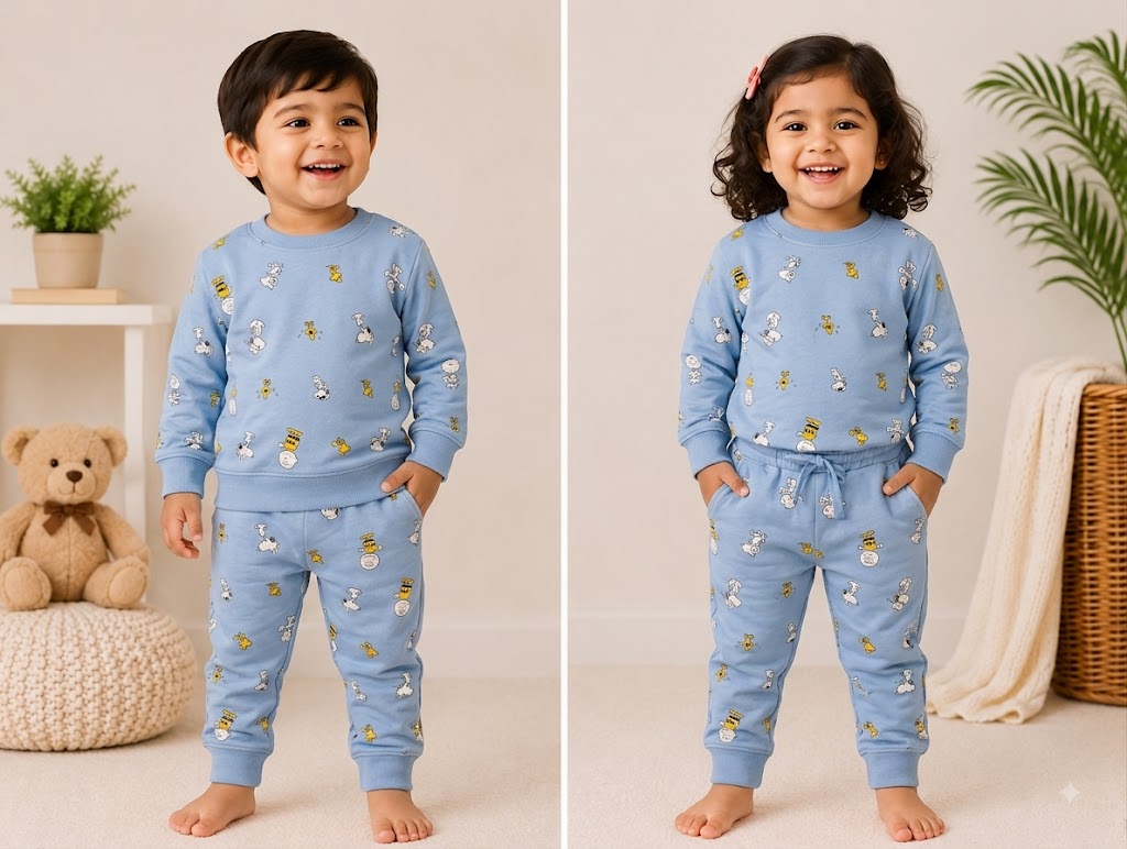 Premium Winter Full Sleeves T-Shirt with Pant (Light Blue Yellow Toys)
