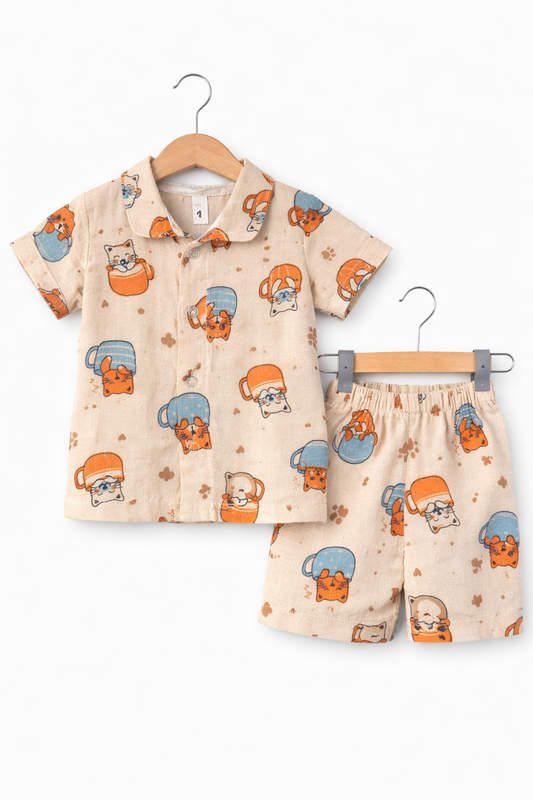 Kids Muslin Co-ord Set – Front Open Collar Shirt & Shorts (Brown Cut Cat)