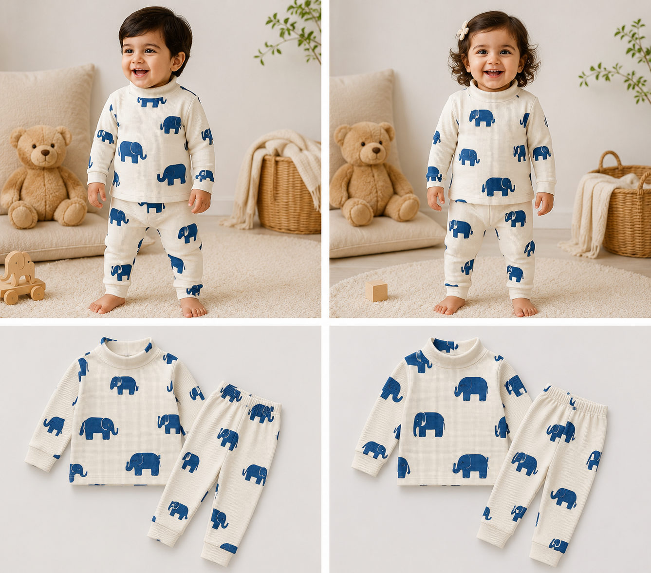 High Neck Ribbed  Full sleeves Tshirt with Pant (Cream Blue Elephant)