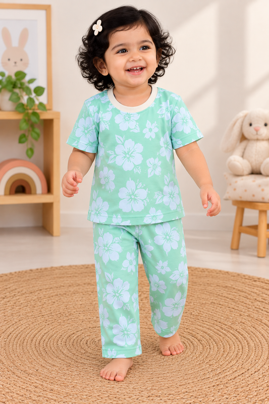 Premium Cotton Half sleeves Tshirt with Pant (Green White Flower)
