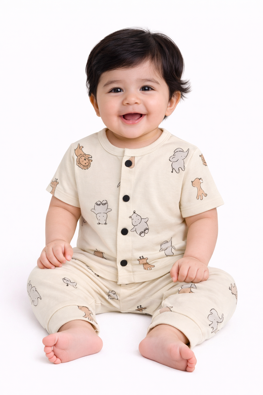 Front Open Half sleeves Cotton Tshirt with Pant (Cream Animals Season 2)