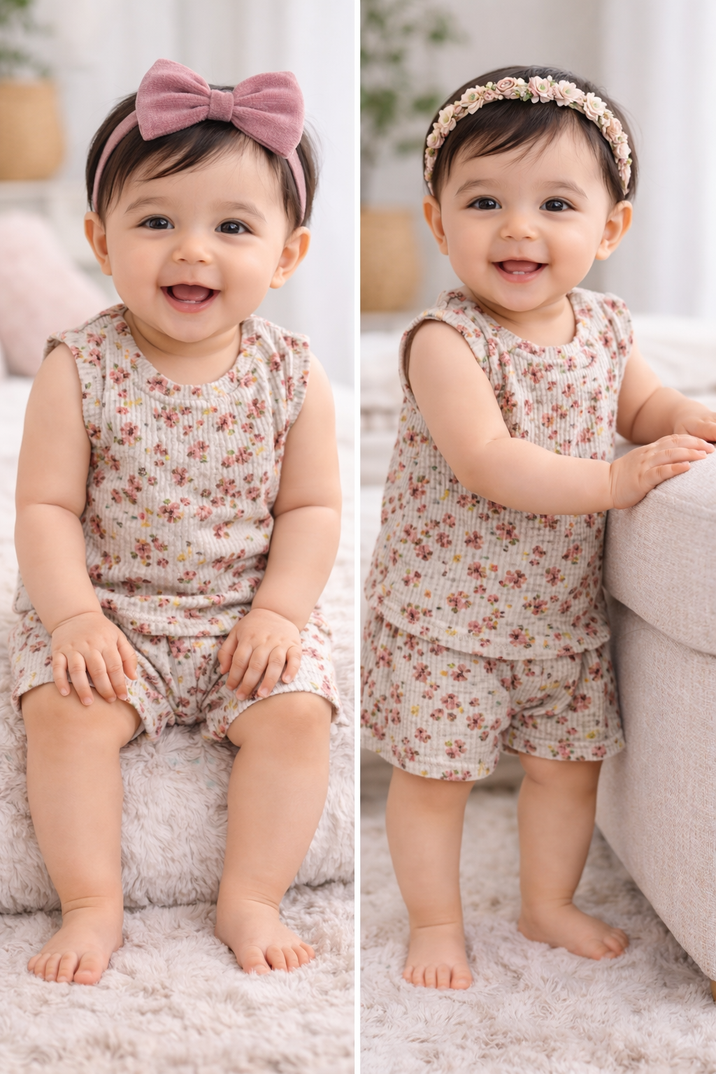 Infant Cotton Sleeveless Co-ord Set | Baby T-shirt & Shorts Set ( Sand Brown Yellow Flower)