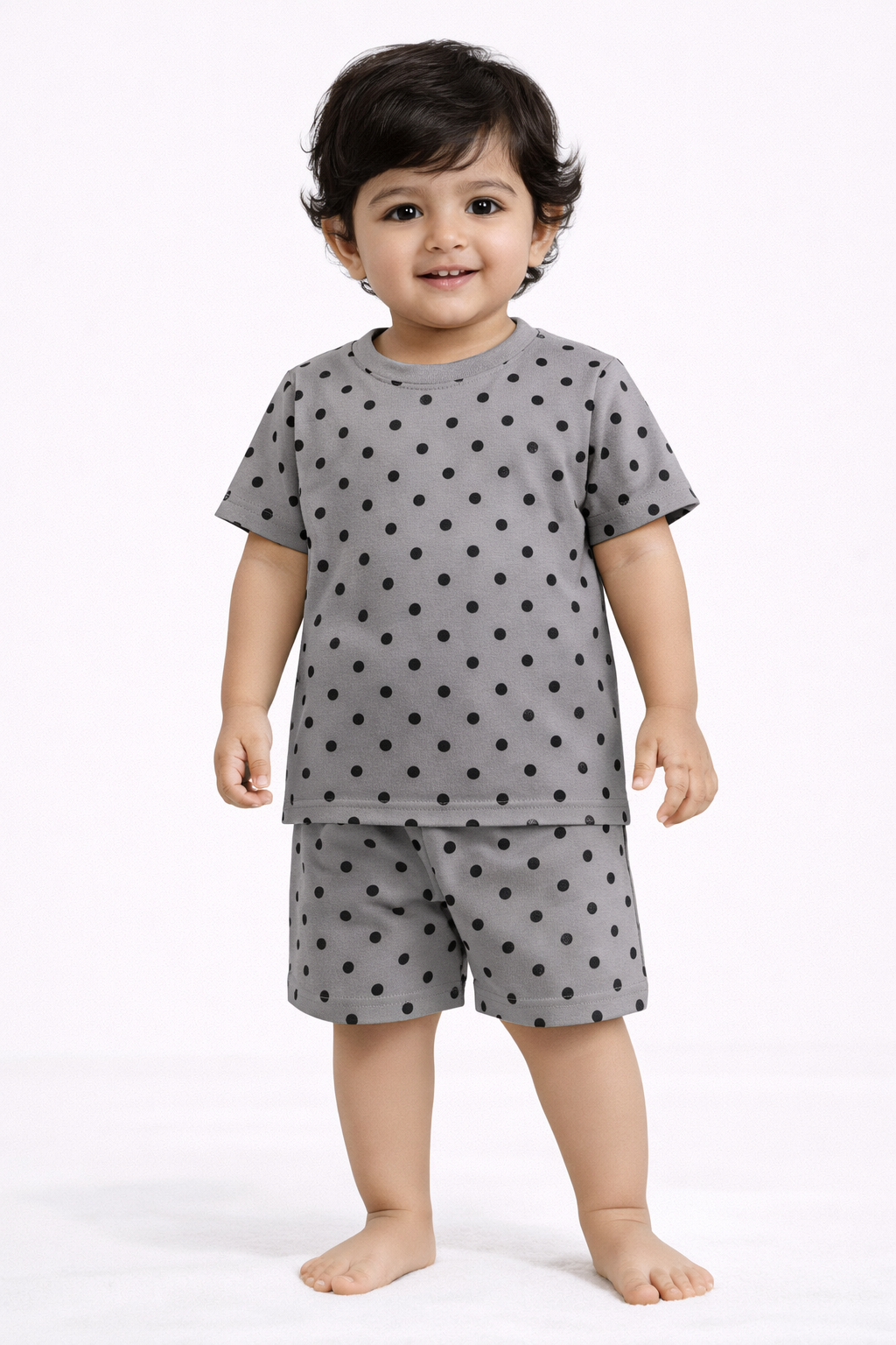 Cotton Shorts Sleeves Tshirt with Shorts Sets (Grey Small Dot)