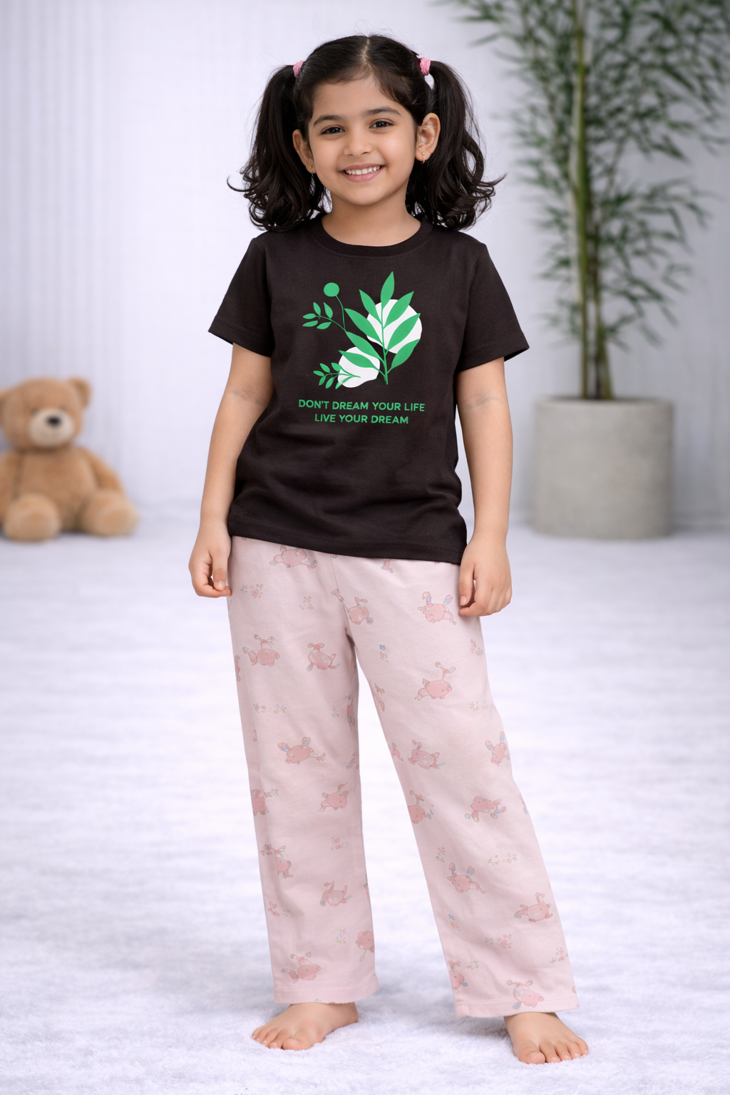 Premium Cotton Contrast Half Sleeves Pajama Set (Brown Flower- Rabbit Flower)