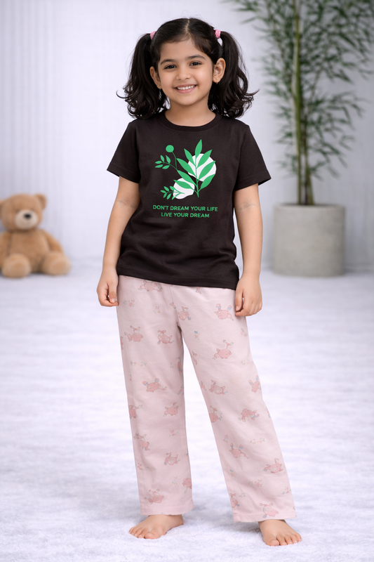 Premium Cotton Contrast Half Sleeves Pajama Set (Brown Flower- Rabbit Flower)