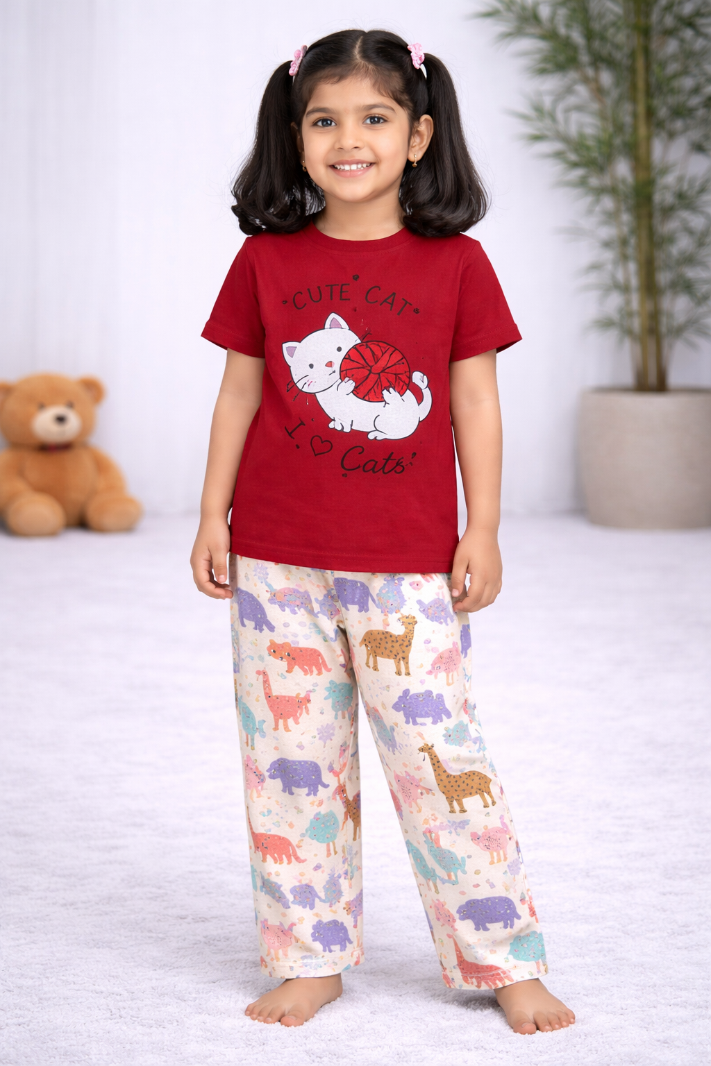 Premium Cotton Contrast Half Sleeves Pajama Set (Red KITTY + ELEPHANT)