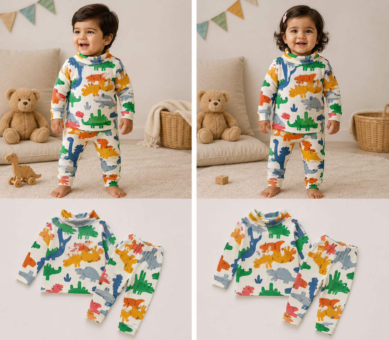High Neck Ribbed  Full sleeves Tshirt with Pant (Multi Dino)